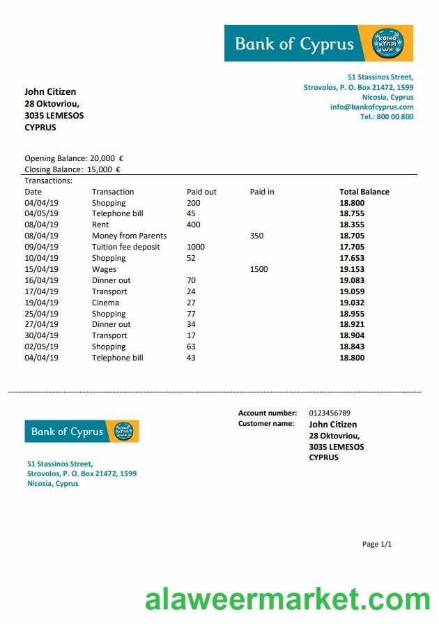 Cyprus Bank of Cyprus bank statement